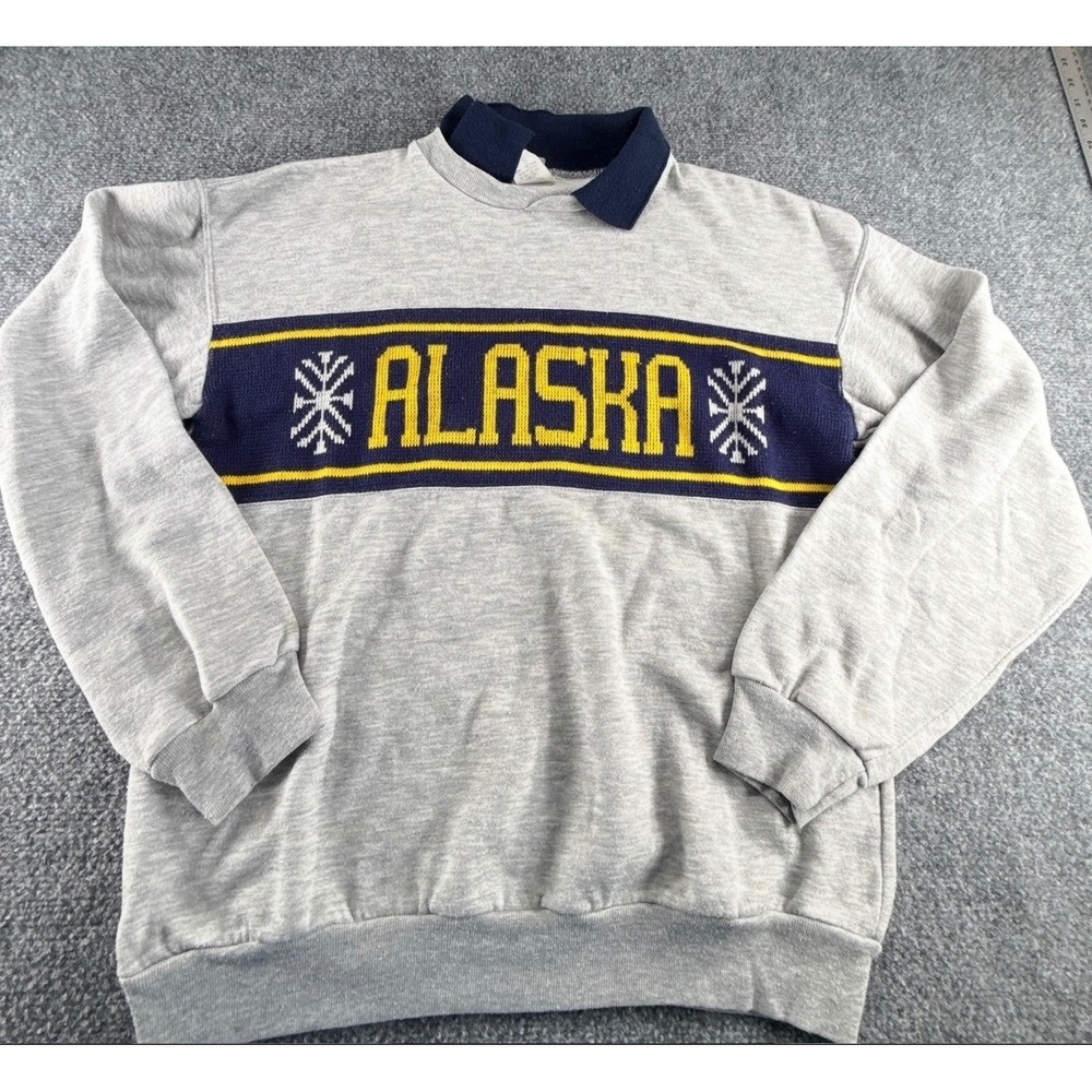 Vintage Alaska Souvenir Collared Sweatshirt Gray Navy Blue Knit Panel Mens Med